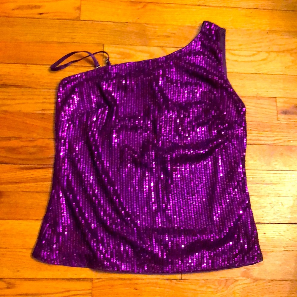 NWT Grace Karin bright PURPLE SEQUIN One Shoulder Top (thin right strap option)